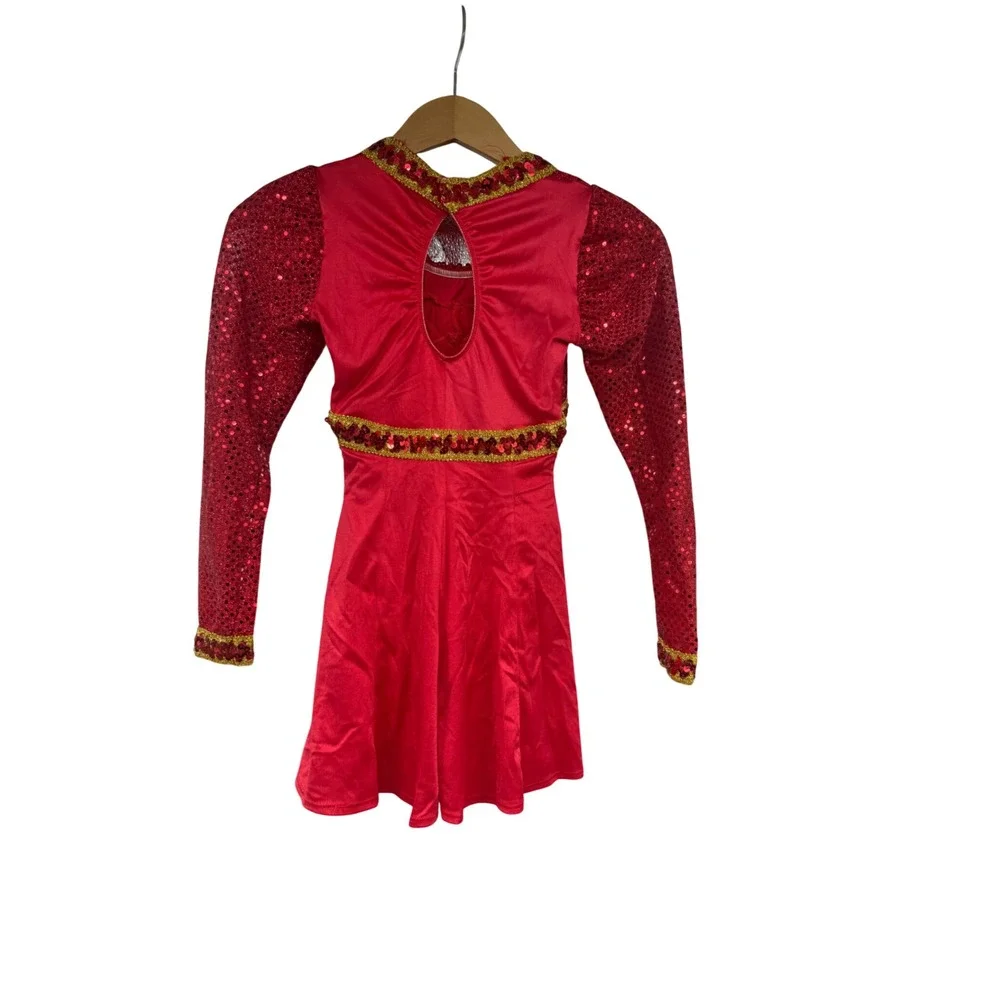VTG Red Sequin Long Sleeve Dance Costume Dress Gold Trim Girls Medium